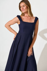 Navy Cotton Linen Midi Dress - Nikolena